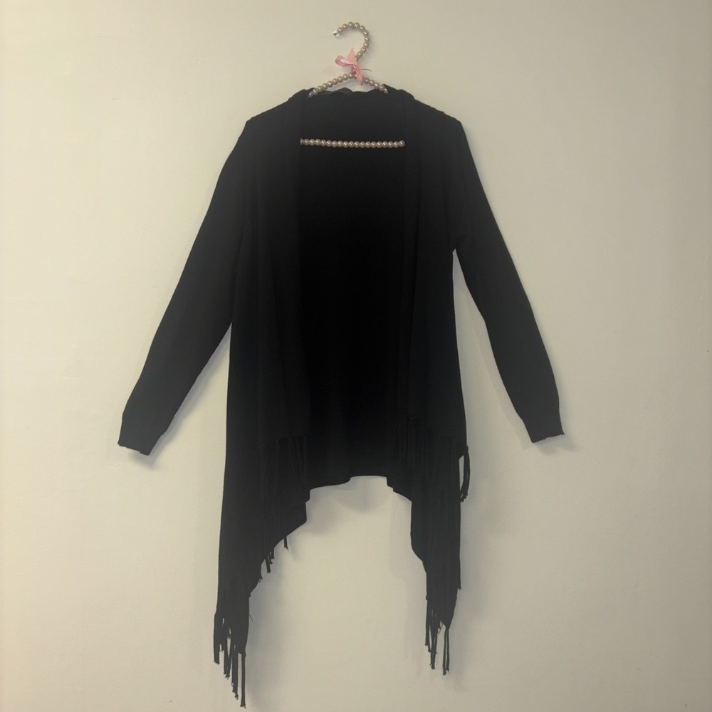 Diane Gilman Womens‎ XL Black Fringe Sharkbite Open Front Cardigan Sweater - Picture 2 of 7